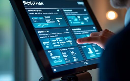 A detailed project plan and roadmap on a digital screen.